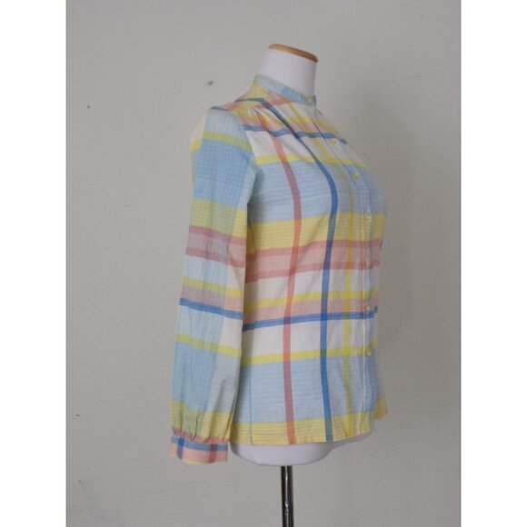 Vintage 80s Plaid Long-Sleeves Cotton Pastel Button-up‎ Blouse - Picture 3 of 10